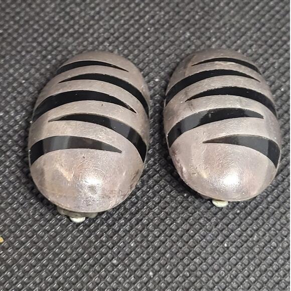 Vintage Luxe Statement Tiger-Stripe Onyx 925 Silver Clip-On Earrings Retro Chic - Picture 6 of 9